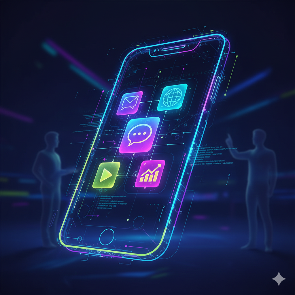 Neon smartphone concept with app icons representing modern mobile app development